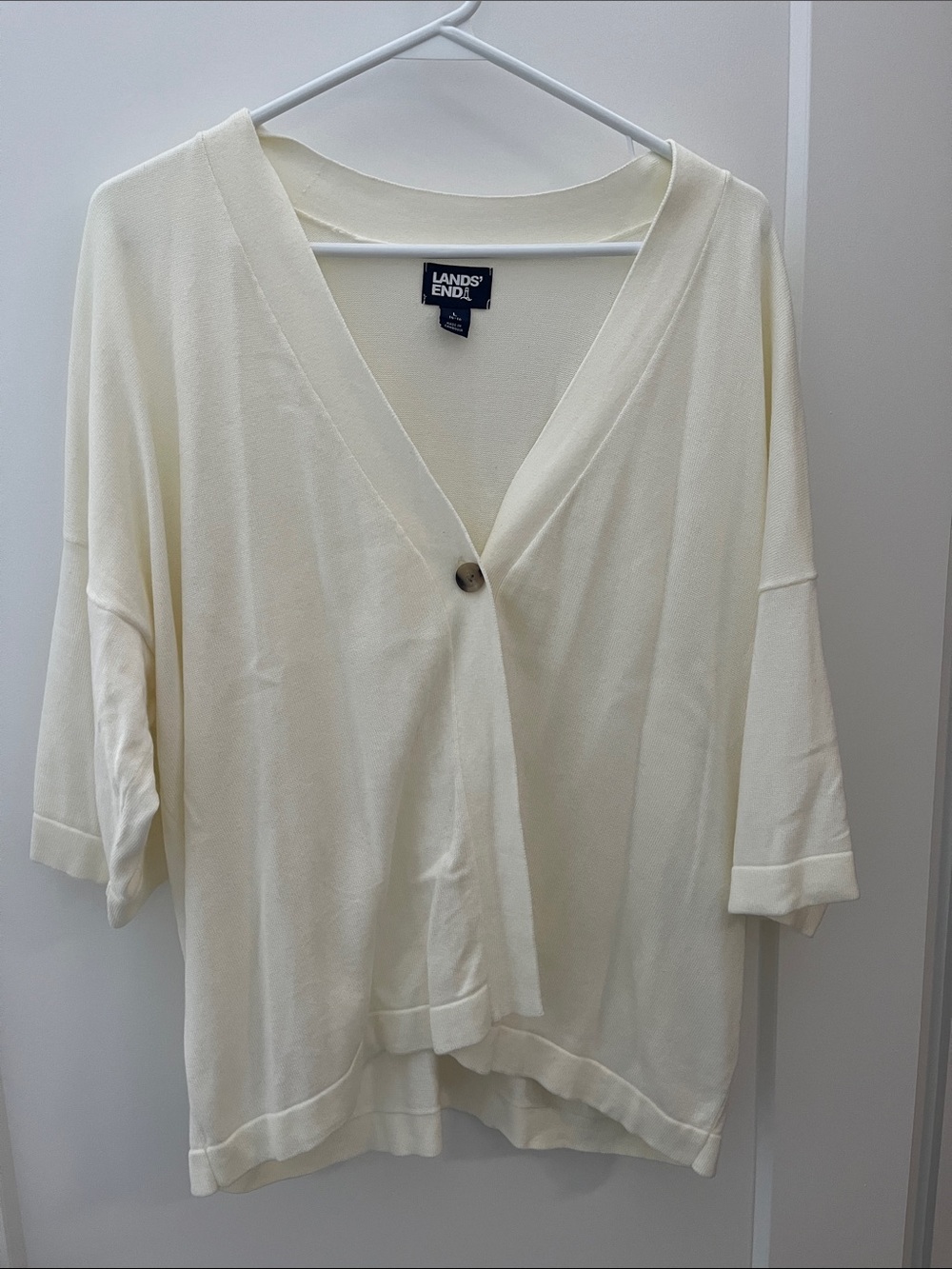Lands' End Cream Cotton Modal Short-Sleeve V-Neck Button Front Top